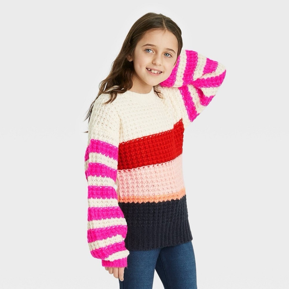 Cat & Jack Girls' Pink Striped Colorblock Rib Knit Pullover Sweater